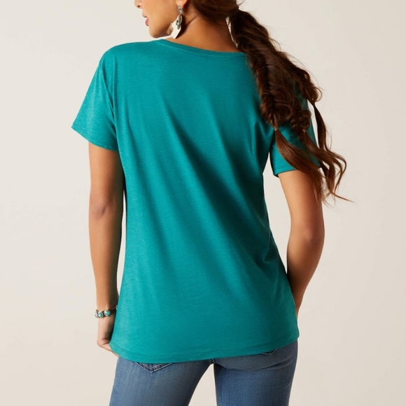 NWT Ariat Longhorn Watercolor Short Sleeve Teal Green T-Shirt Size Small / Large - Picture 2 of 11